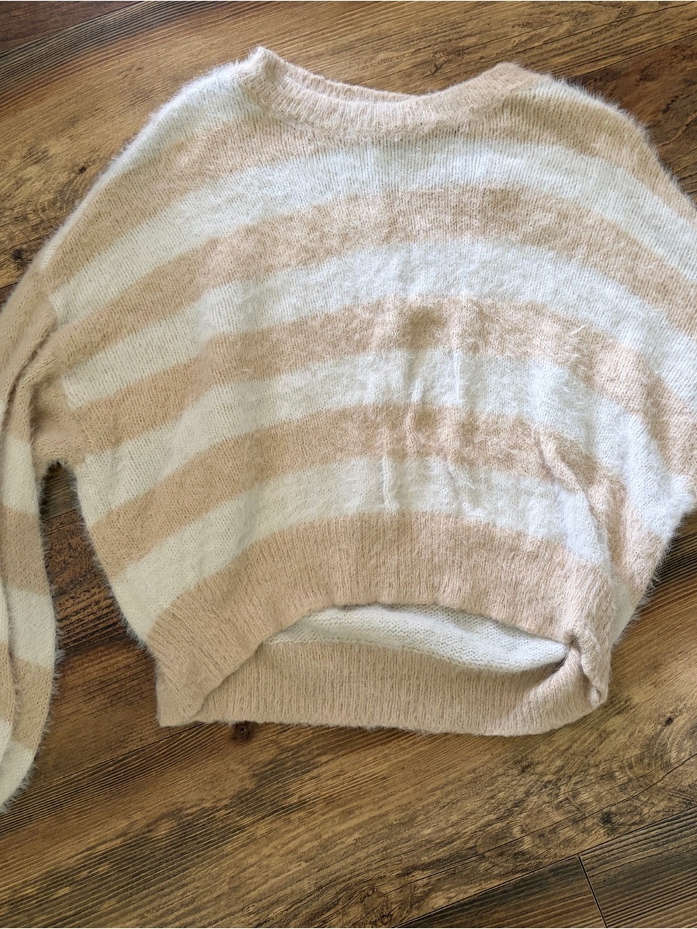 wild fable Cream and Tan Fuzzy Striped Crewneck Sweater